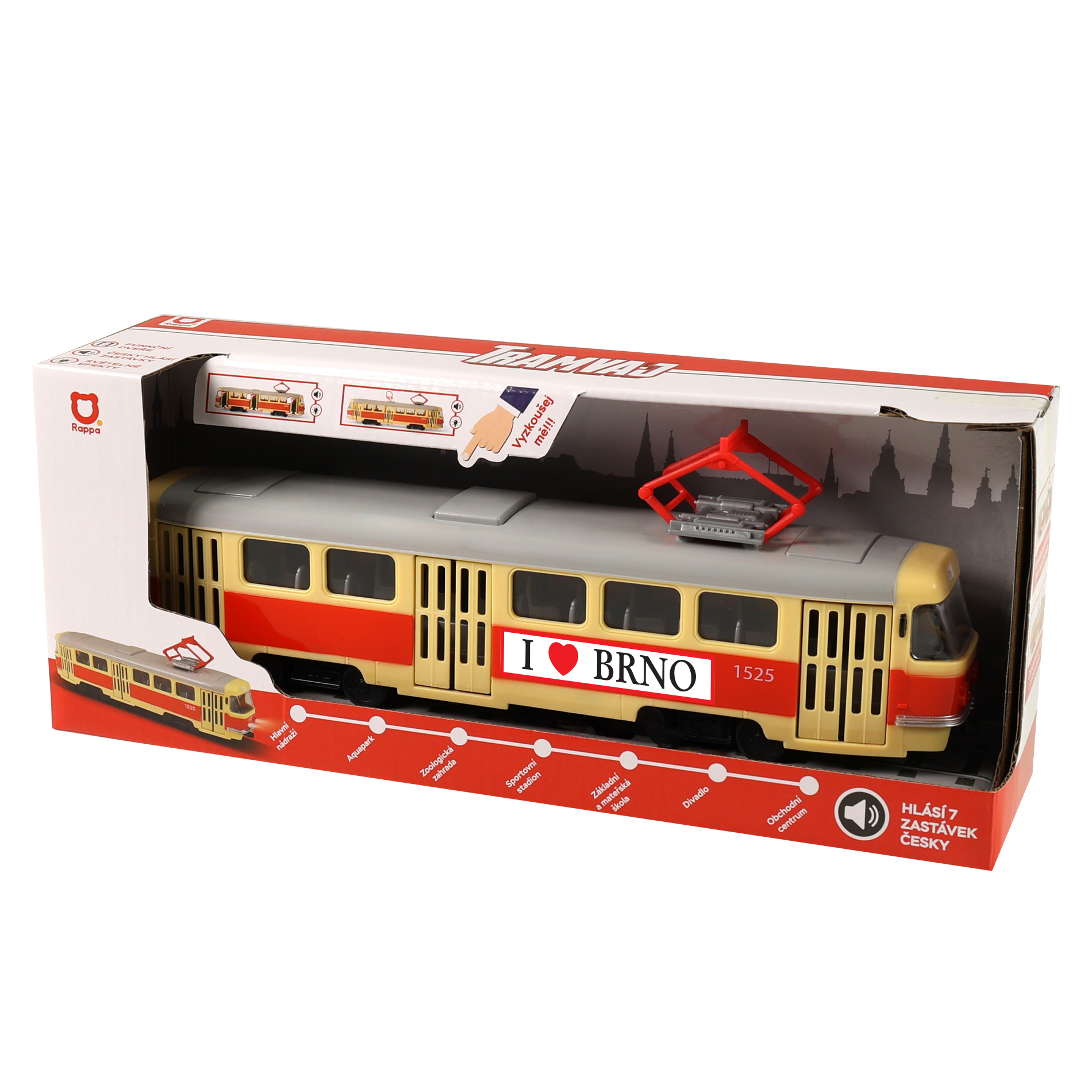 Tramvaj která hlásí zastávky česky 28 cm BRNO