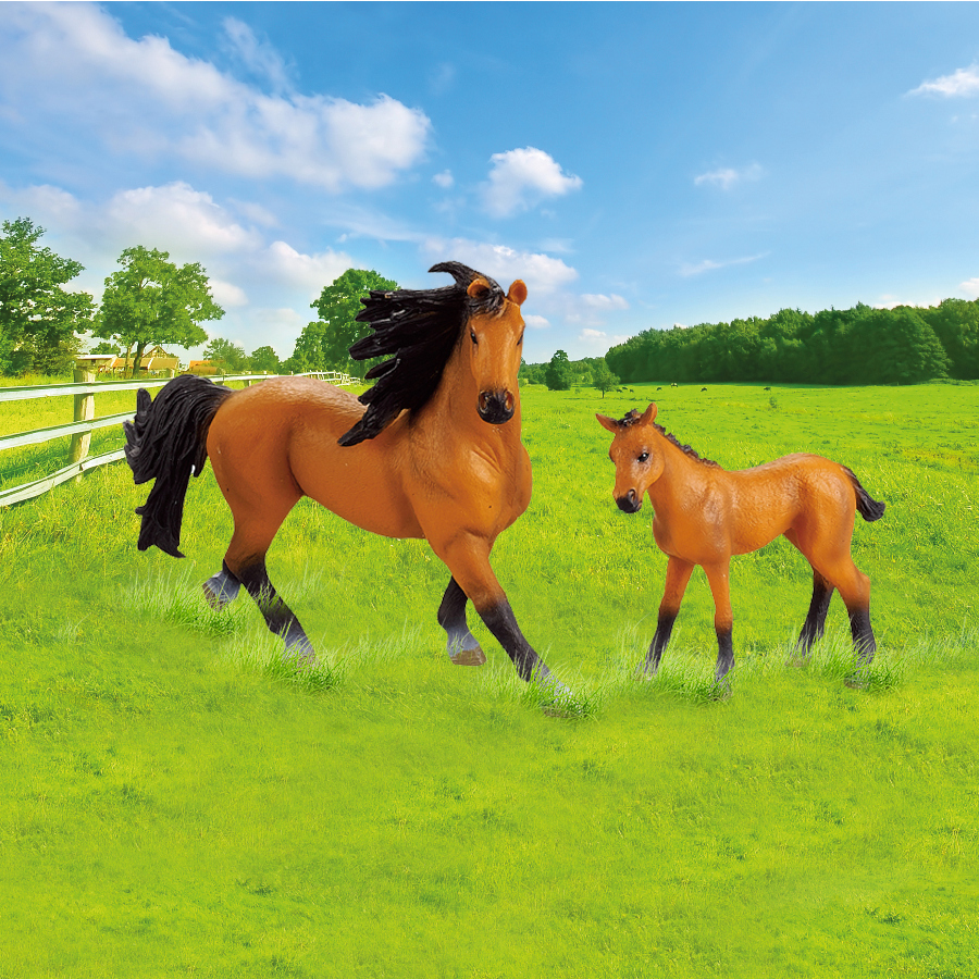 Sada koně 2 ks s ohradou hnědý s černou hřívou