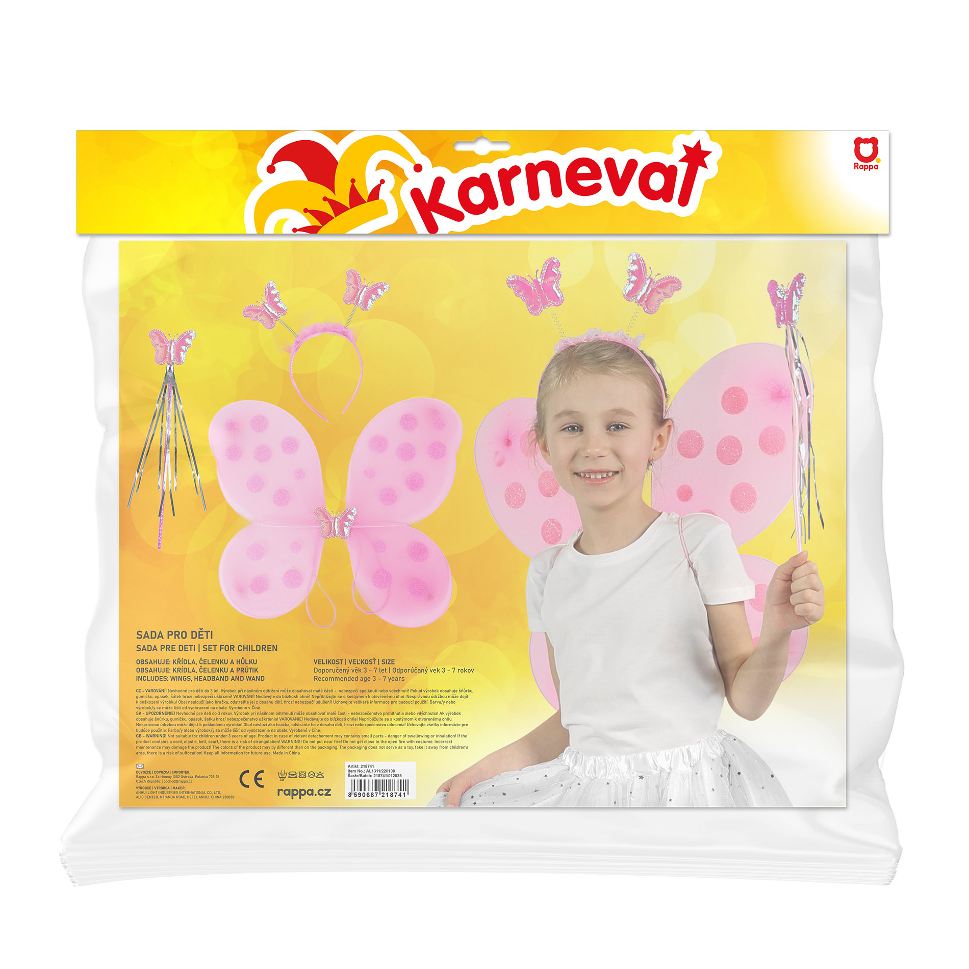 Motýlí křídla světle růžová s čelenkou a hůlkou