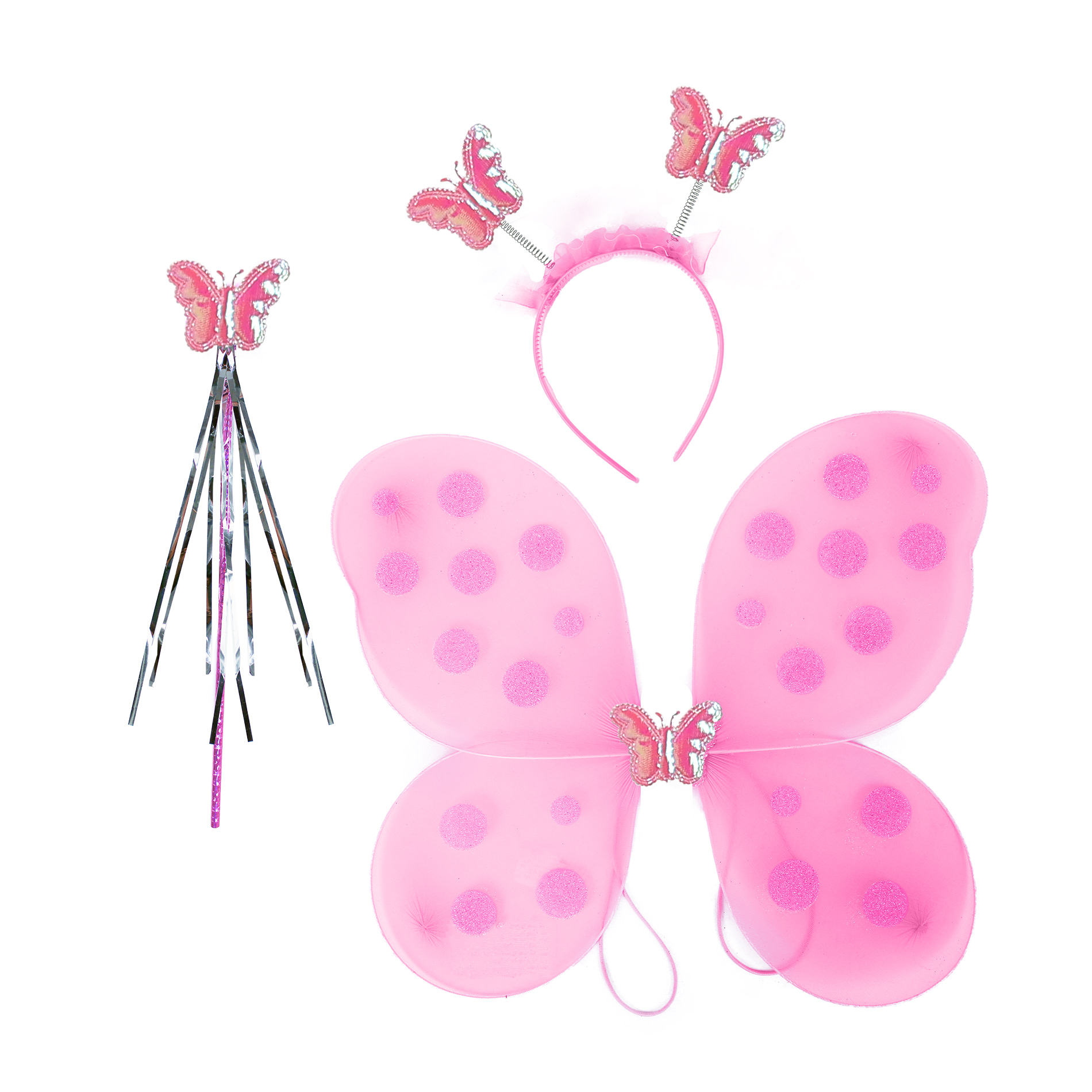 Motýlí křídla světle růžová s čelenkou a hůlkou