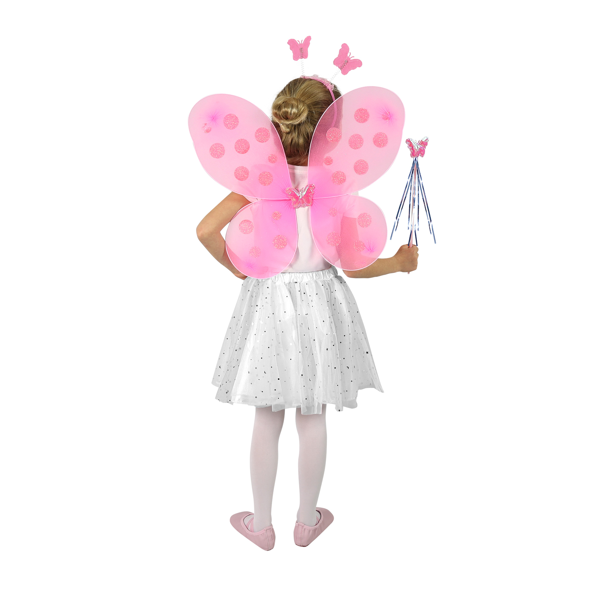 Motýlí křídla světle růžová s čelenkou a hůlkou