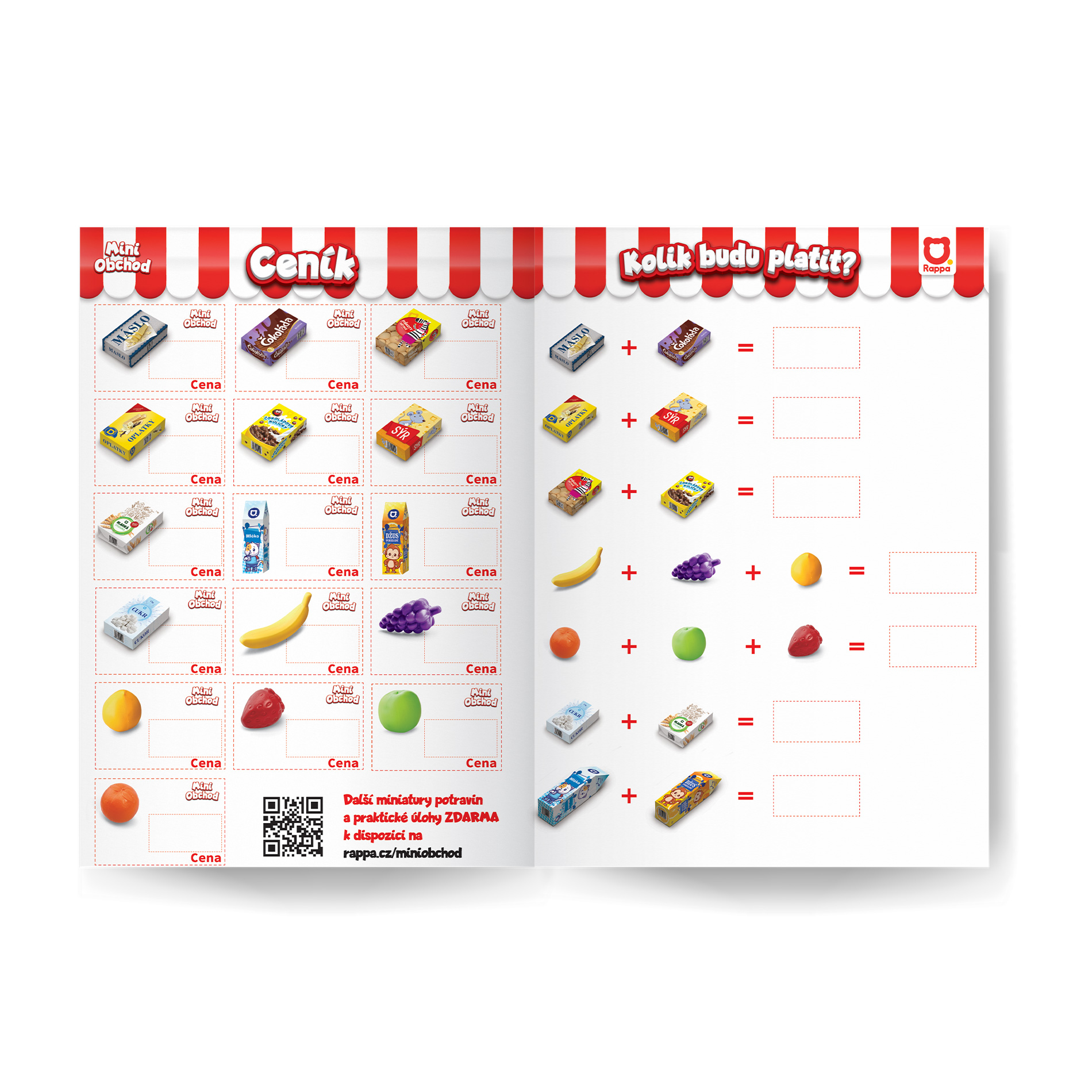 MINI OBCHOD - nákupní košík s doplňky a učením jak nakupovat - červený