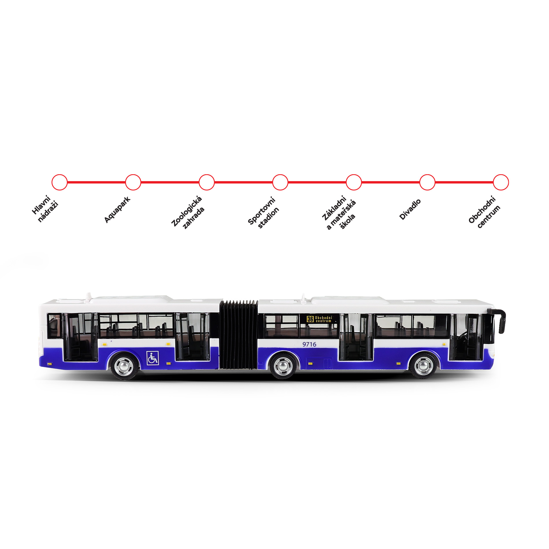 Kloubový autobus který hlásí zastávky česky 36 cm modrý