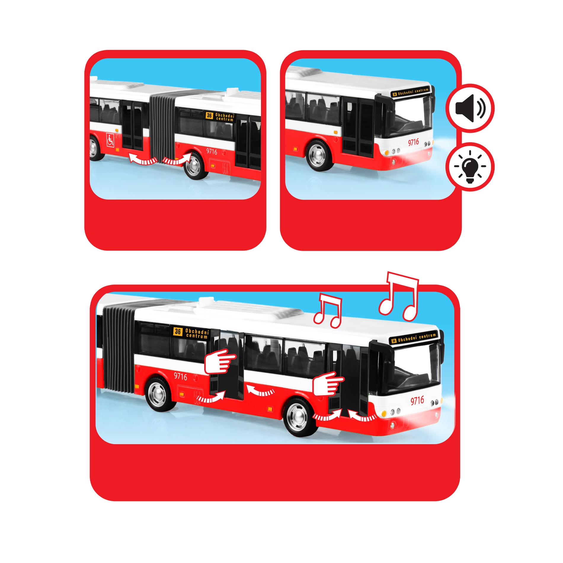 Kloubový autobus který hlásí zastávky česky 36 cm modrý