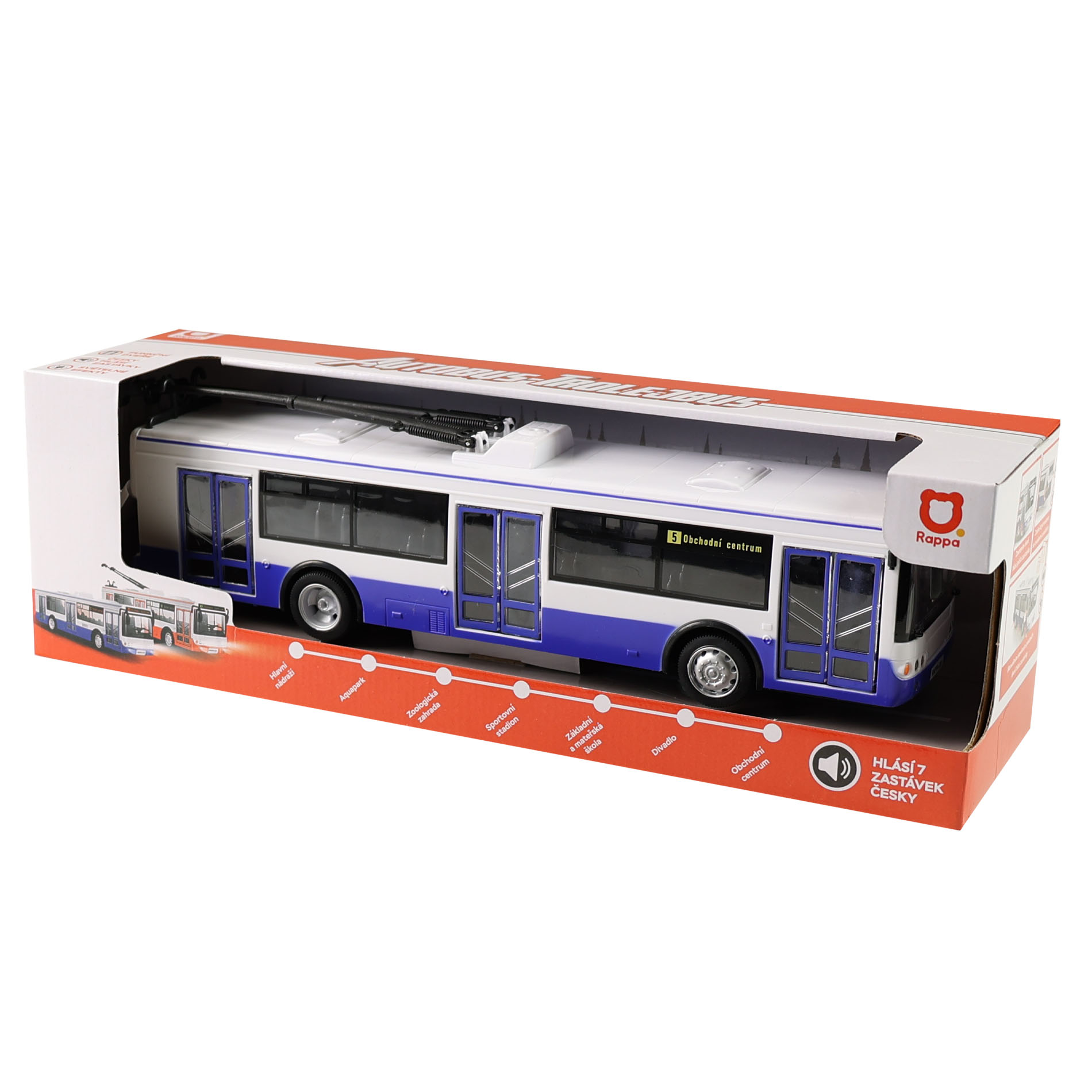 Trolejbus který hlásí zastávky česky 28 cm modrý