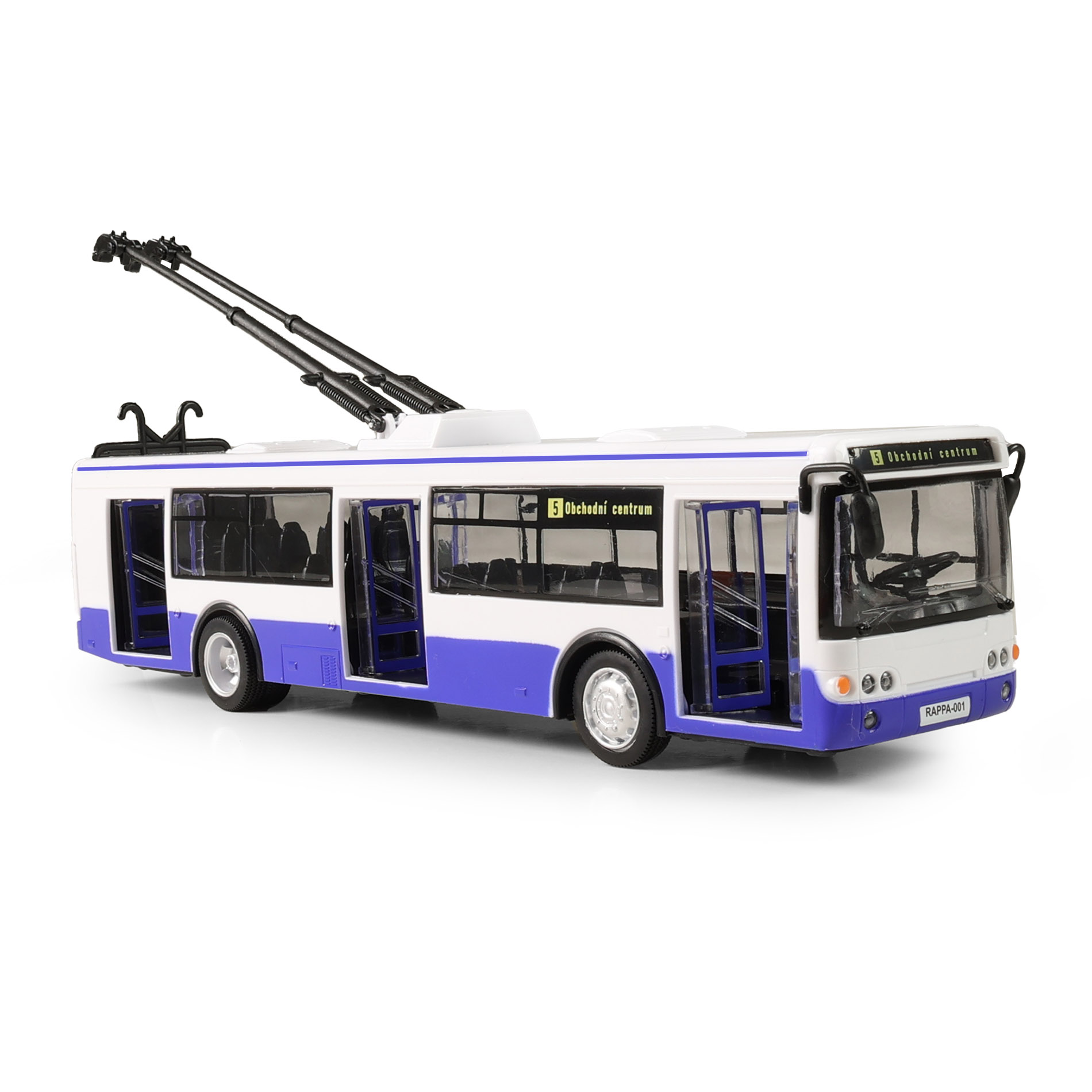 Trolejbus který hlásí zastávky česky 28 cm modrý