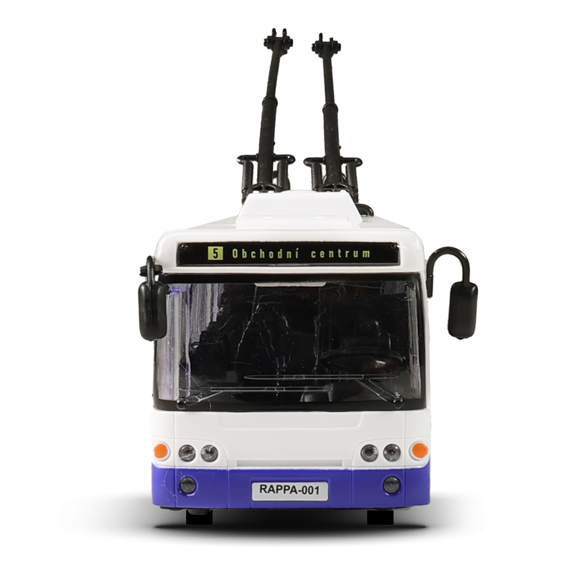 Trolejbus který hlásí zastávky česky 28 cm modrý