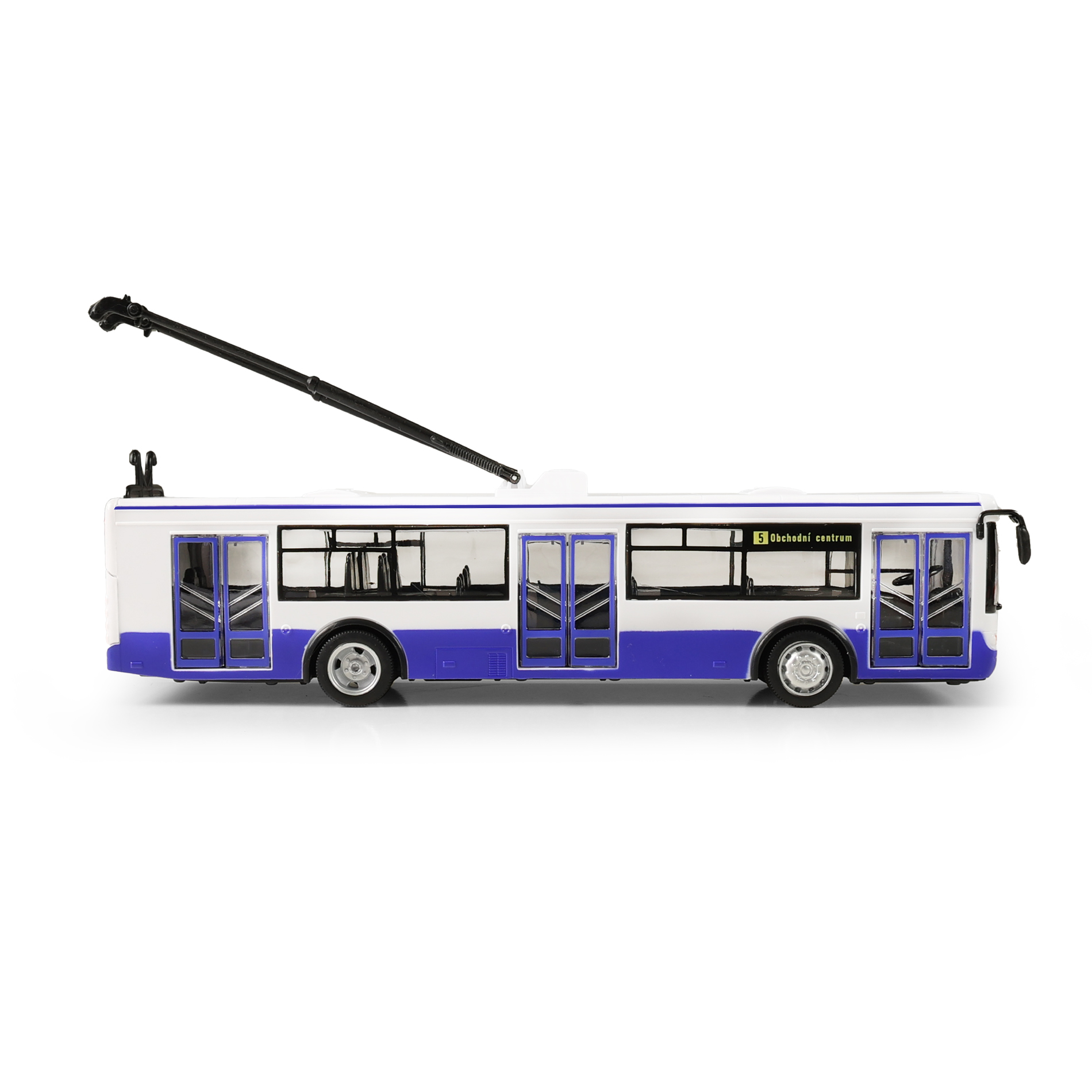 Trolejbus který hlásí zastávky česky 28 cm modrý