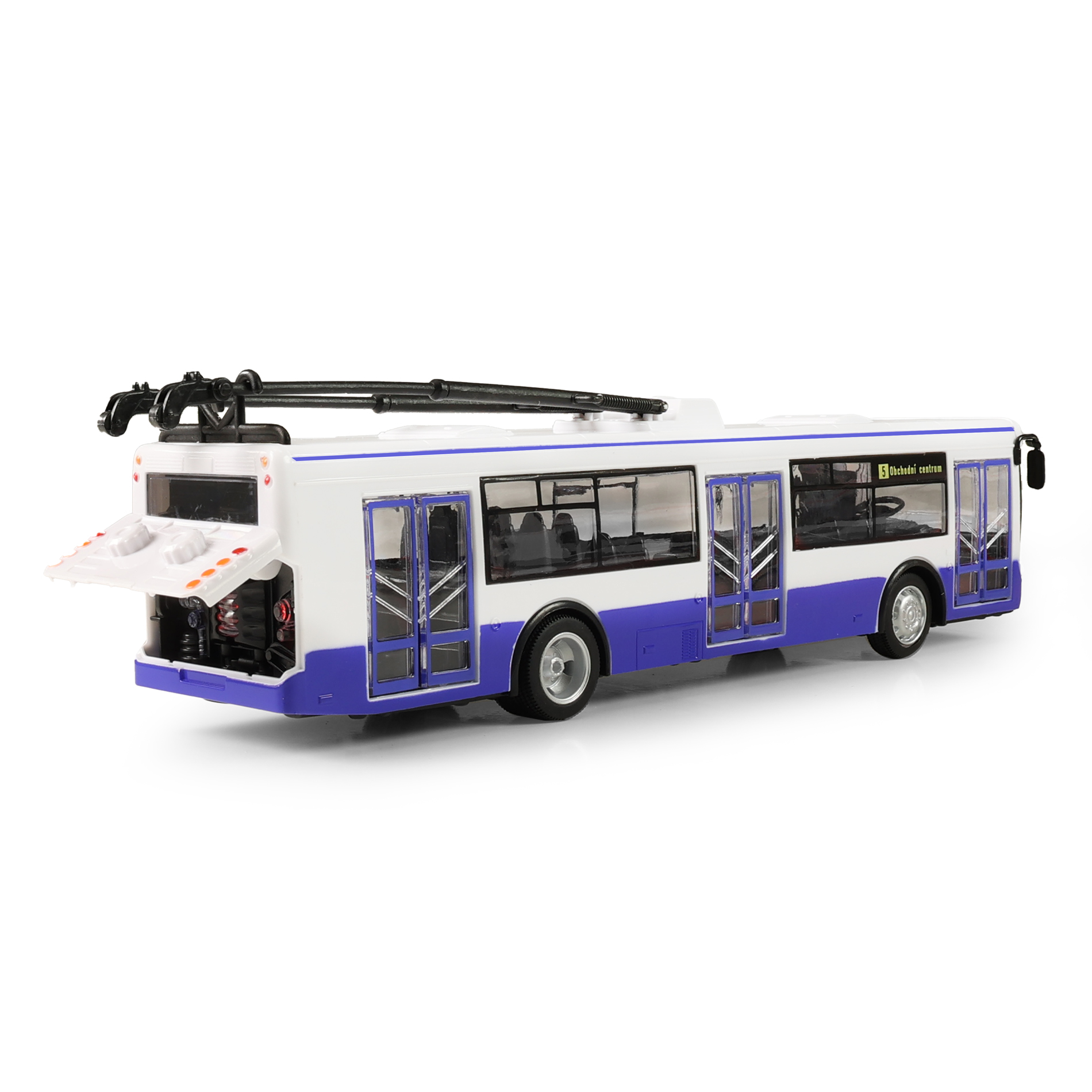 Trolejbus který hlásí zastávky česky 28 cm modrý