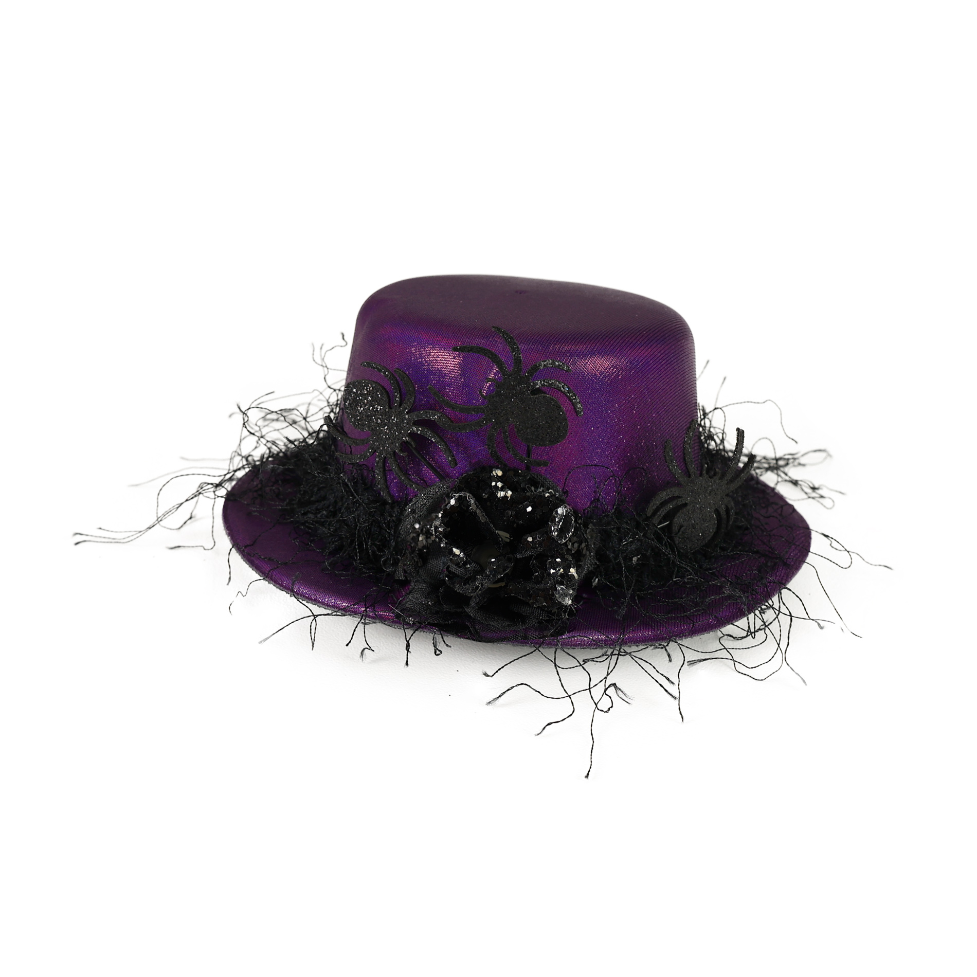 Mini klobouk fialový s černou květinou a pavoučky