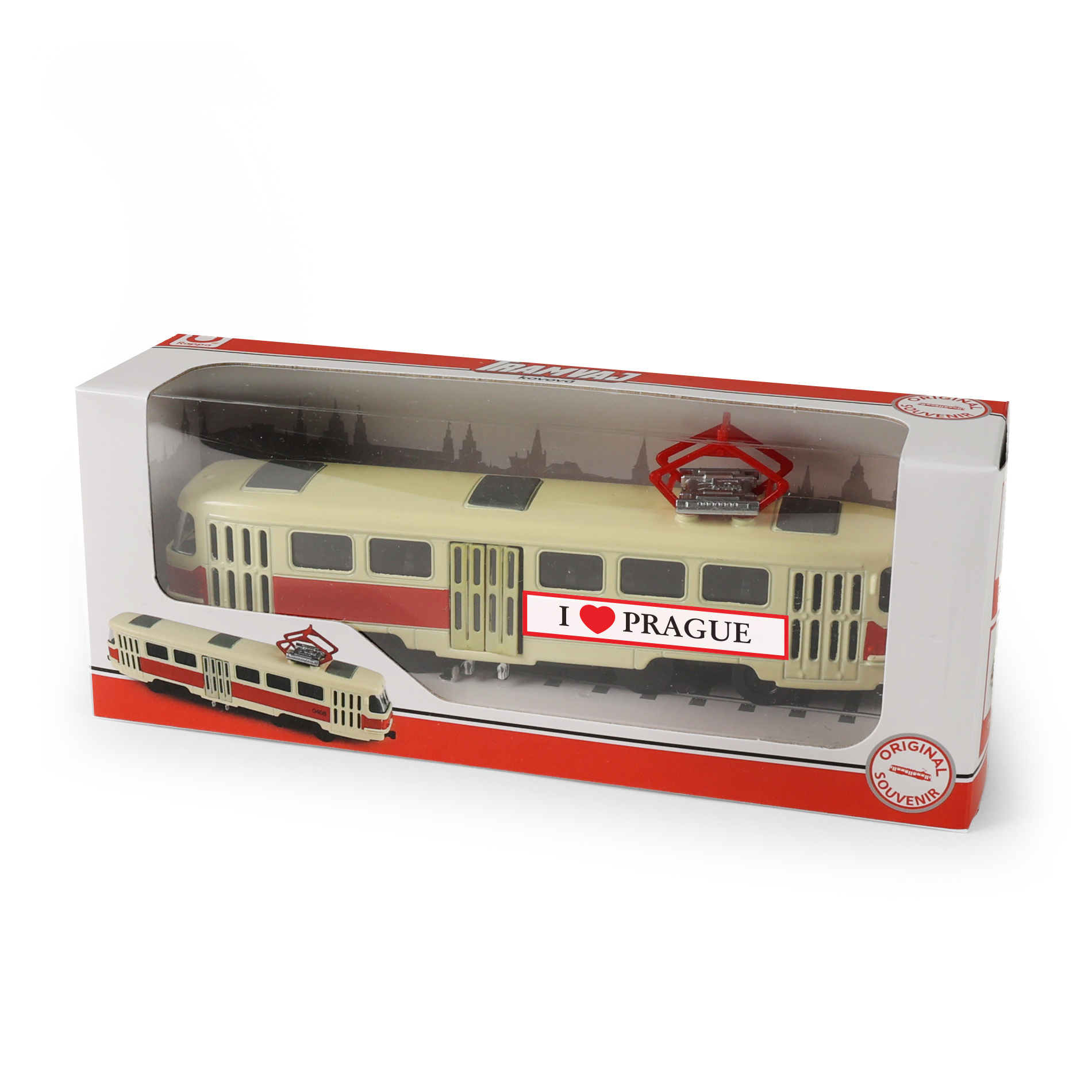 Kovová česká retro tramvaj červená 16 cm PRAGUE otevírací dveře