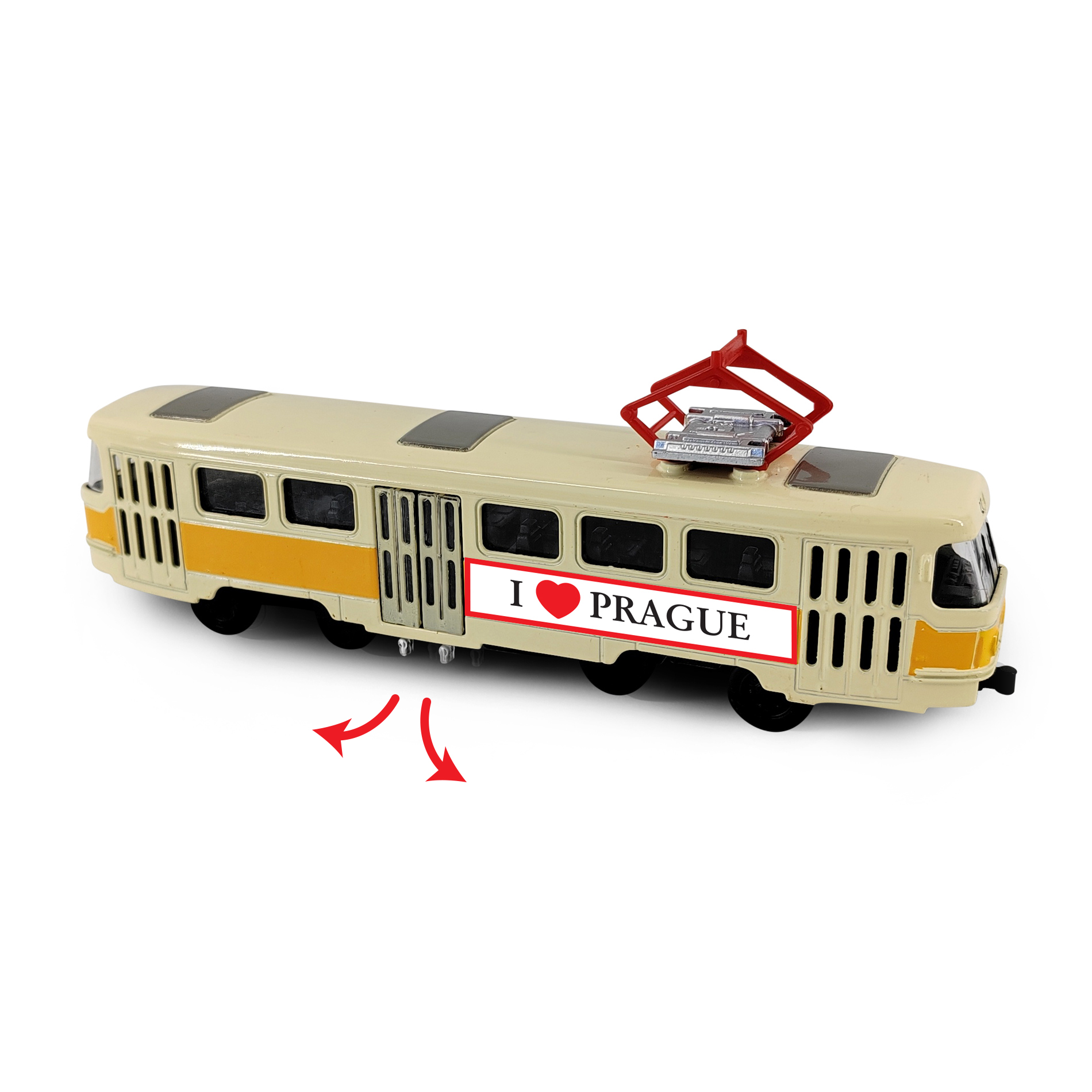 Kovová česká retro tramvaj žlutá 16 cm PRAGUE otevírací dveře
