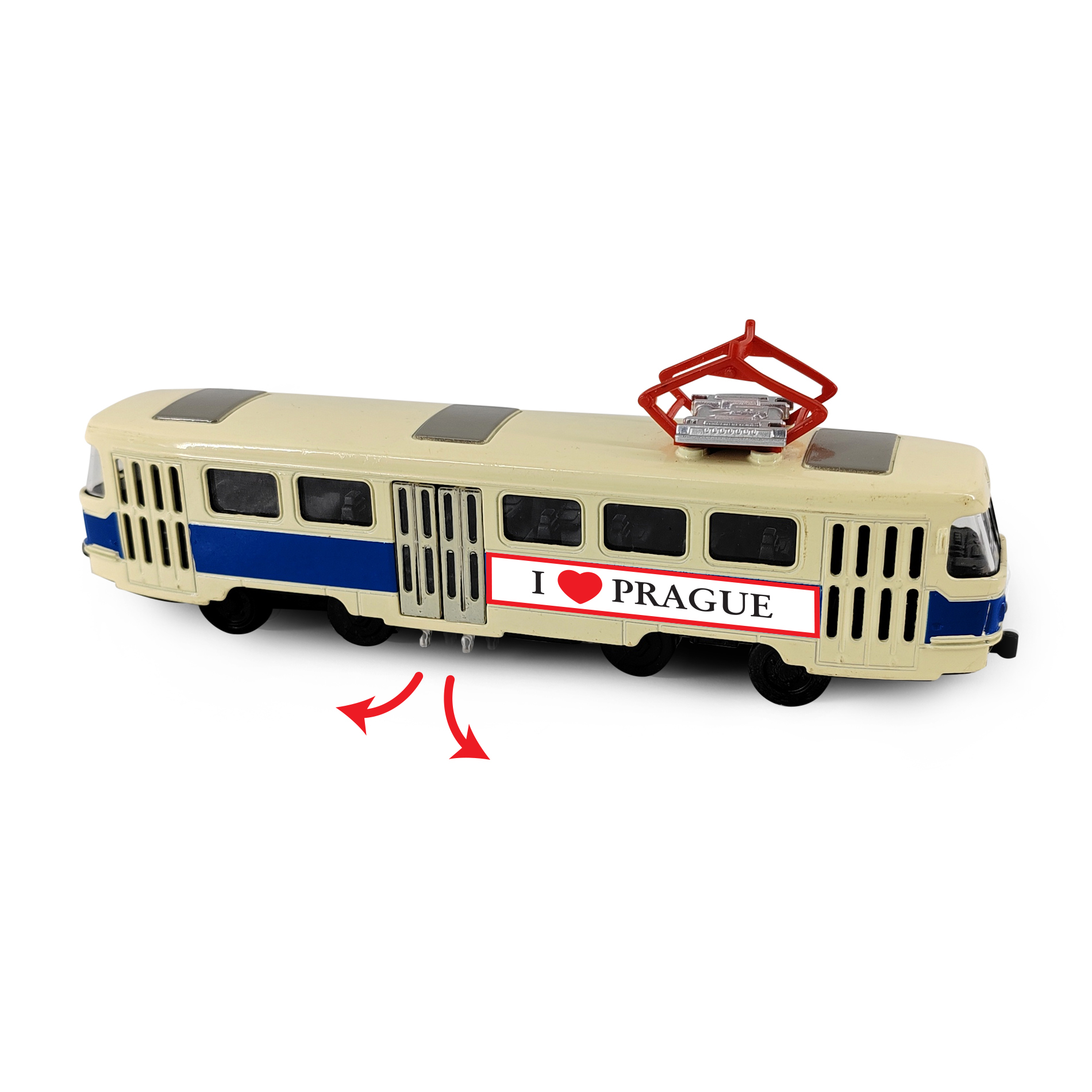 Kovová česká retro tramvaj modrá 16 cm PRAGUE otevírací dveře