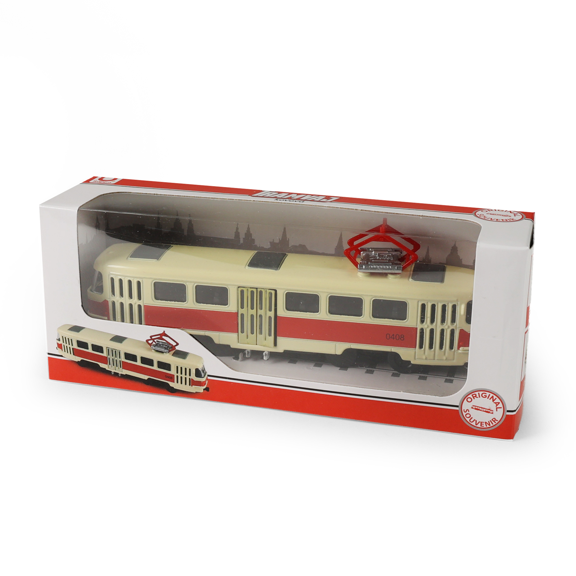 Kovová česká retro tramvaj červená 16 cm se světlem a zvukem