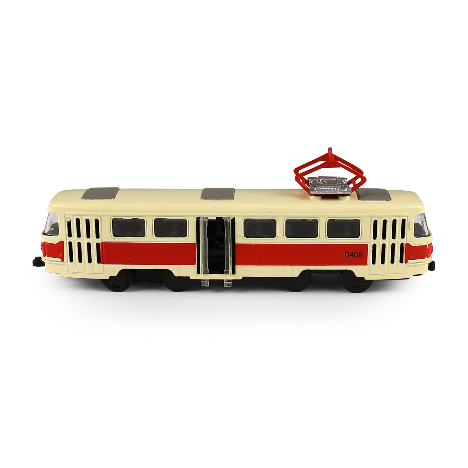Kovová česká retro tramvaj červená 16 cm se světlem a zvukem
