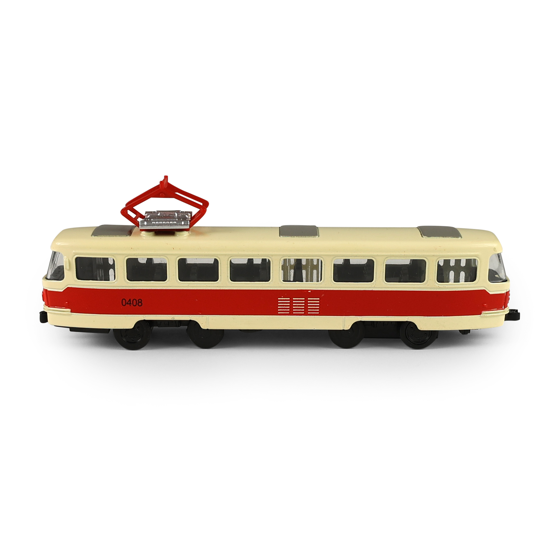 Kovová česká retro tramvaj červená 16 cm se světlem a zvukem