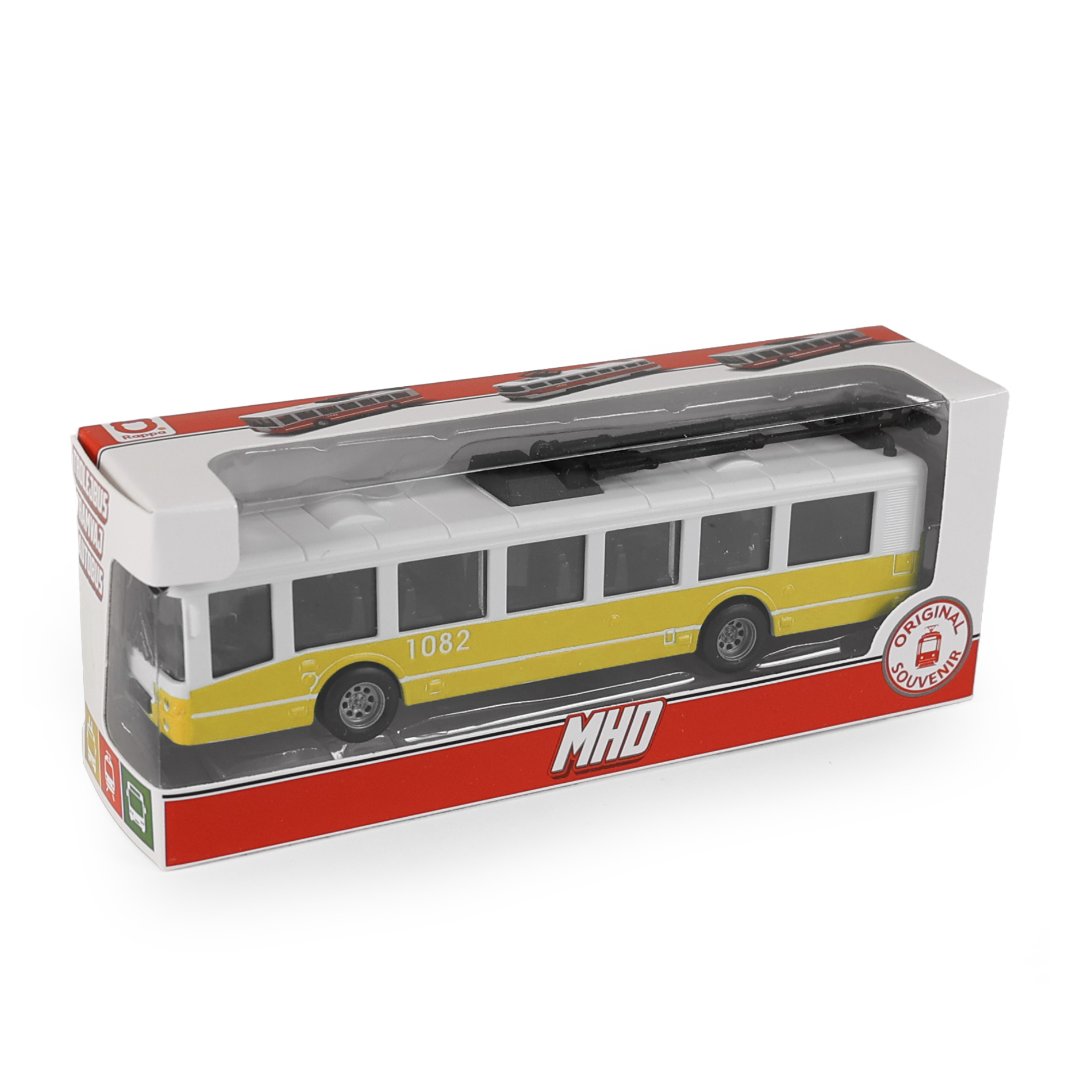 Trolejbus MHD žlutý 16 cm - otevírací dveře