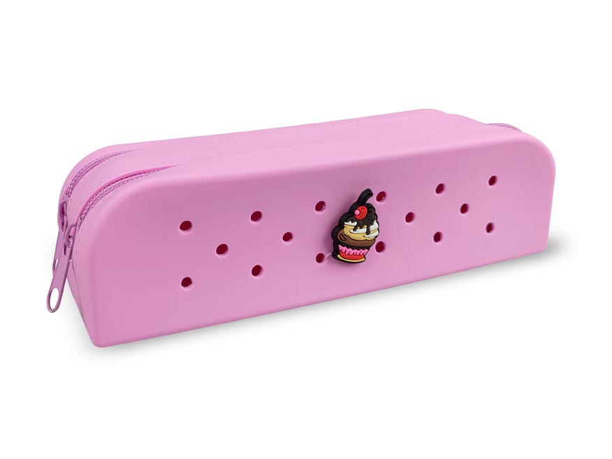 Gifty - Dvojitý silikonový penál růžový a ozdobný pin